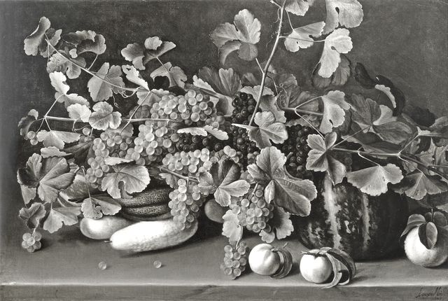 Anonimo — Moillon Louise - sec. XVII - Natura morta con uva, meloni, pesche e cetrioli — insieme